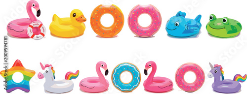 Colorful Pool Float Collection Featuring Flamingo, Duck, Donut, Unicorn, and More for Summer, Vacation, and Pool Fun Illustrations