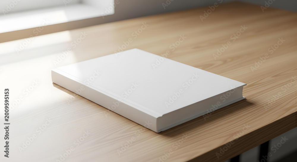 Fototapeta premium Blank white hardcover book mockup on light wooden desk