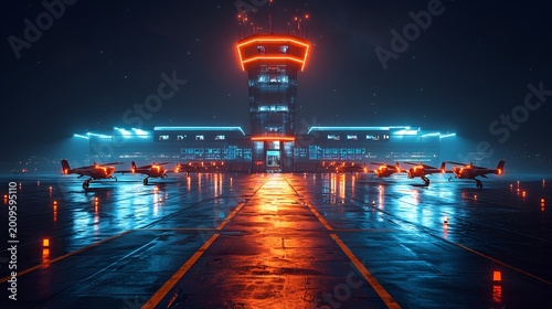 Neon-lit airport at night with futuristic aircraft