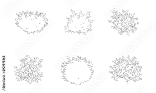 Foto Minimalist architectural tree symbols, set of 6 line art bushes and shrubs, blac
