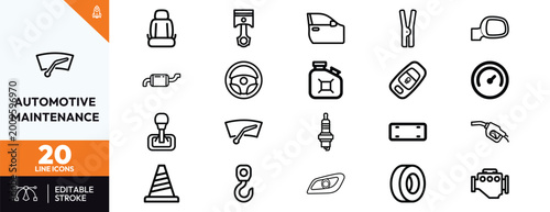 Automotive maintenance icon set line art for dashboards marketing and education visuals in clean modern style suitable for infographics presentations and UI design