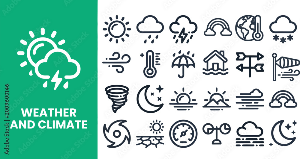Fototapeta premium Weather and Climate outline icon set. Featuring sun, cloud, rain, snow, and storm symbols. Editable stroke vector icons for forecast app and meteorology presentation interface design.