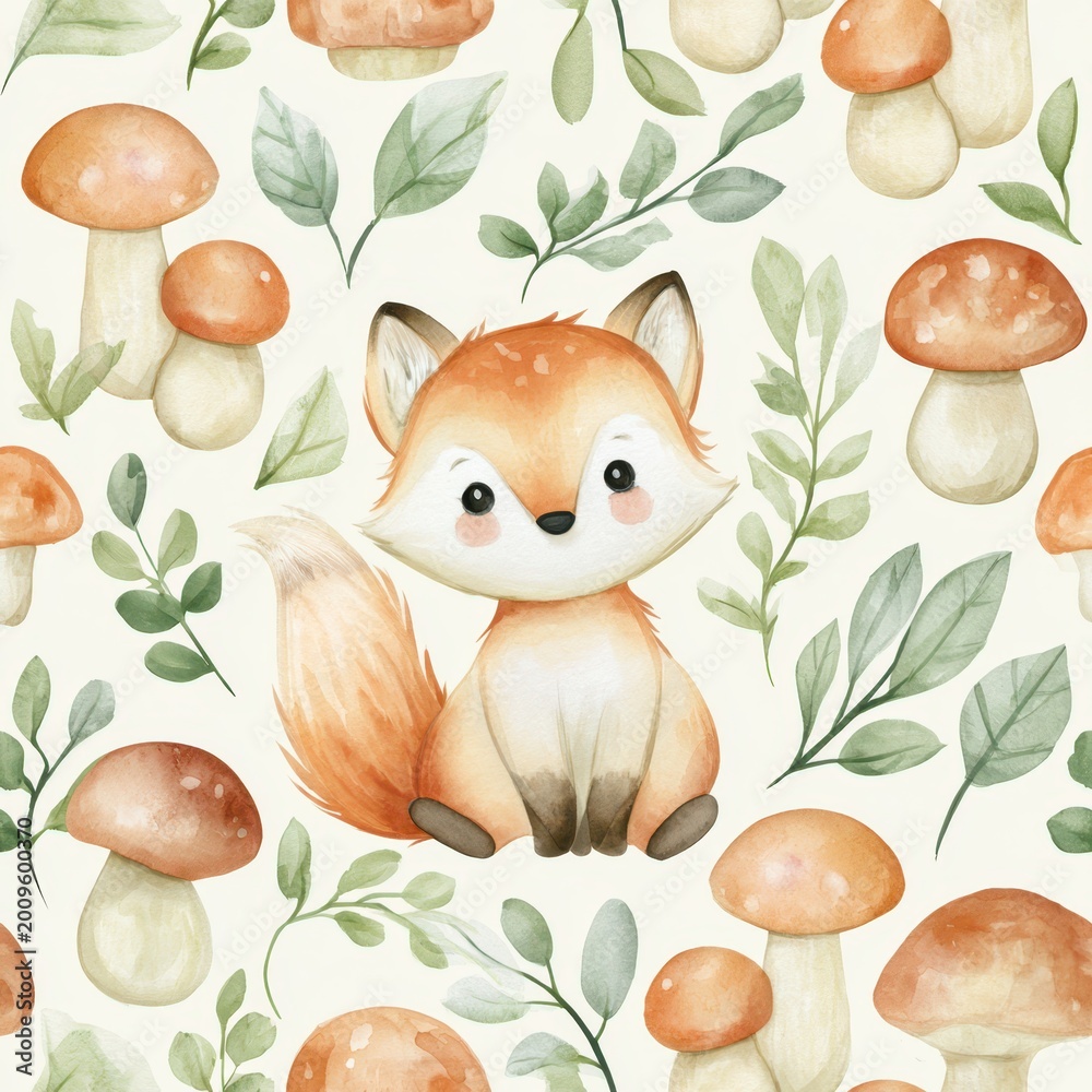 Fototapeta premium Cute watercolor fox and mushrooms seamless pattern for children's designs