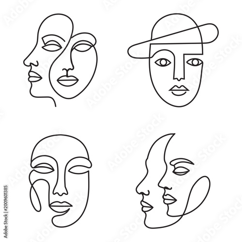 Aesthetic Minimalist One-Line Woman Face & Abstract Shapes Vector Set
