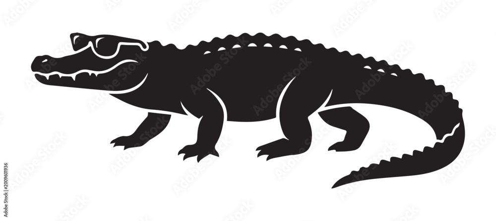 Fototapeta premium Crocodile with Sunglasses Shape Icon Silhouette Vector black design on a white background