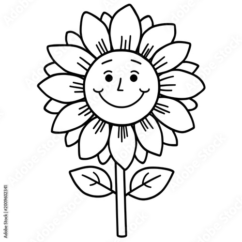 Smiling Sunflower with Large Petals and Leaves Line Art