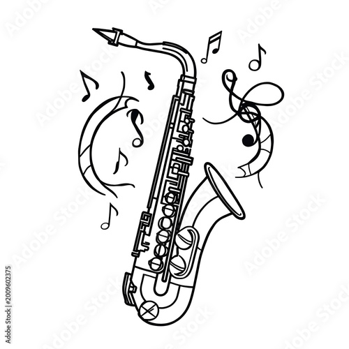 Stylized Musical Saxophone with Floating Notes Line Art