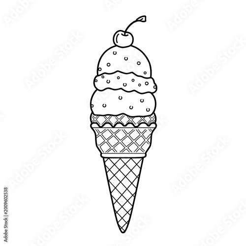Triple Scoop Ice Cream Cone with Toppings Line Art