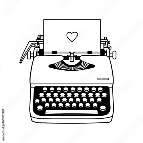 Vintage Typewriter with a Piece of Paper Line Art Illustration