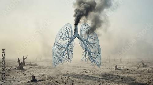 Conceptual lungs formed by tree branches emitting black smoke over cracked desolate land depicting air pollution impact