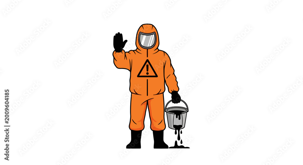Fototapeta premium Person in Orange Hazmat Suit Holding Toxic Chemical Warning Container