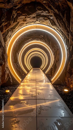 A futuristic tunnel with glowing orange rings and shiny floor