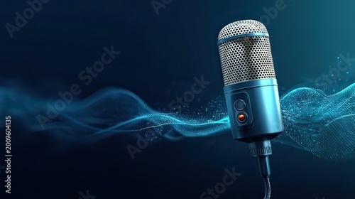 Professional microphone with sound waves illustration against a blue background for podcasting and music recording uses
