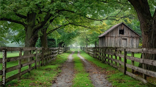 Serene country road leading to rustic barn surrounded by lush green trees and wooden fence in peaceful rural landscape