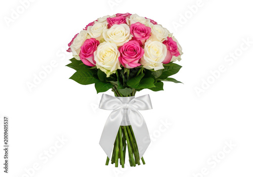 Pink rose flower cluster on green stem with leaves