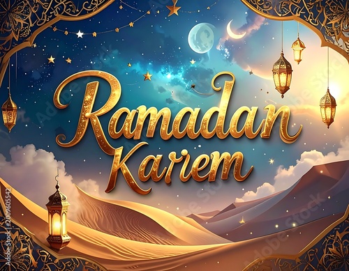 A desert landscape with lanterns and celestial bodies