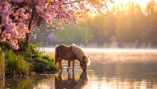 A horse drinks from a serene lake surrounded by blooming flowers