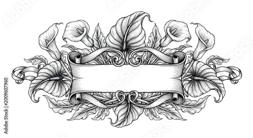 Foto Elegant Floral Banner with Calligraphy Elements and Lush Foliage.