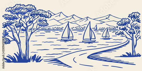 Quadro su tela blue line art illustration of sailboats on water with trees and mountains in bac