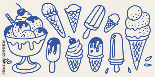Bild auf Leinwand Hand drawn ice cream sundaes cones and popsicles in a blue line art style