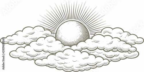 фотографія Hand drawn sun bursting through clouds vintage style engraving on white backgrou