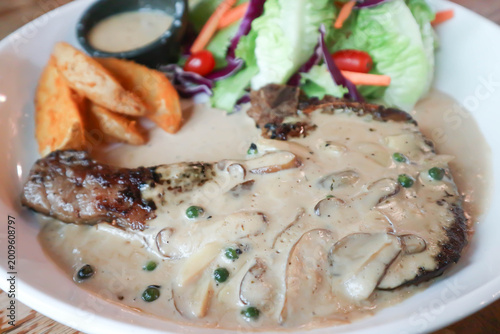 Schilderij op canvas pork steak or grilled pork and salad or pork chop and vegetable