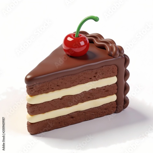 3D Chocolate Layer Cake Slice with Cherry – Minimal Clay Style Dessert Icon