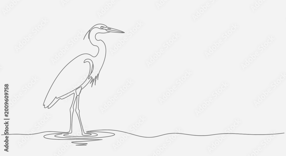 Fototapeta premium Minimalist single line drawing of a heron standing in water, elegant bird illustration