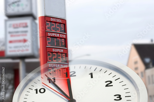 Eine Uhr steht kurz vor 12 und symbolisiert den baldigen Anstieg der Kraftstoffpreise
