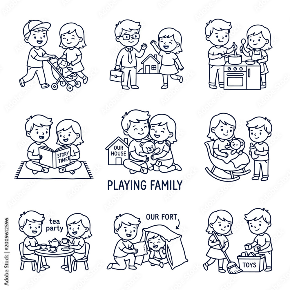 Fototapeta premium brother and sister playing family line icon set cartoon