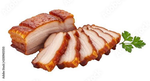 Crispy roasted pork belly sliced with golden crackling and fresh isolated on transparent background