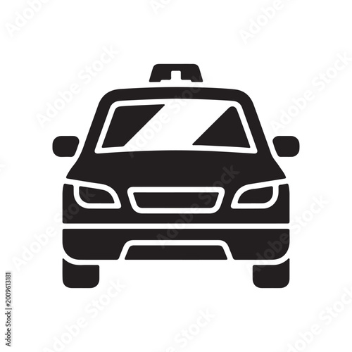 Auto black glyph icon. Front view on car. Vehicle for transportation. Personal car. Clear windshield. Sedan for carsharing. Taxi service. Silhouette symbol on white space. Vector isolated illustration