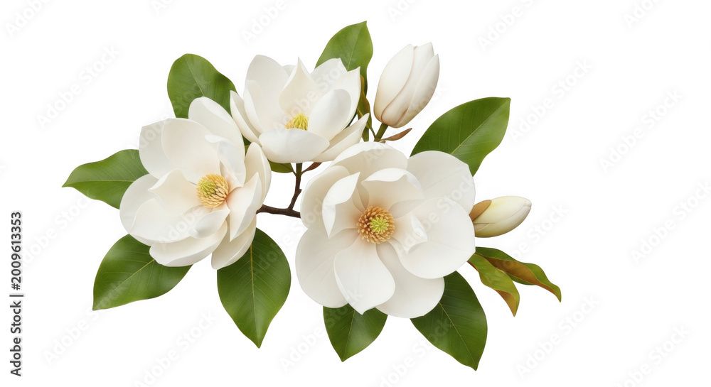 Naklejka premium Delicate white magnolia flowers and buds with green leaves, isolated on transparent background