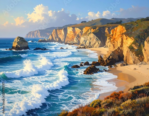 Sunlit cliffs meet crashing ocean waves on a sandy beach