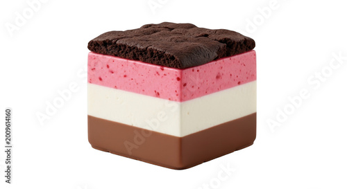 Layered chocolate raspberry and vanilla ice cream dessert with isolated on transparent background