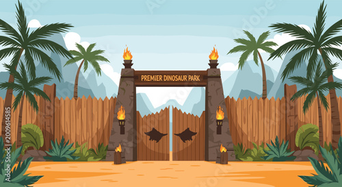 Massive stone gates of a premier dinosaur park stand tall with several lit torches in a tropical jungle environment.