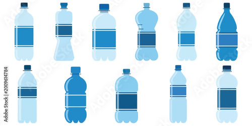 Plastic Water Bottle Vector Set, Isolated on White Background, Flat Design Cartoon Style Illustration, Healthy Beverage and Mineral Water Graphic Elements Collection