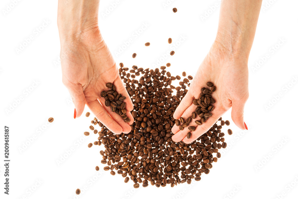 Fototapeta premium Woman's hands with red nails holding coffee beans.