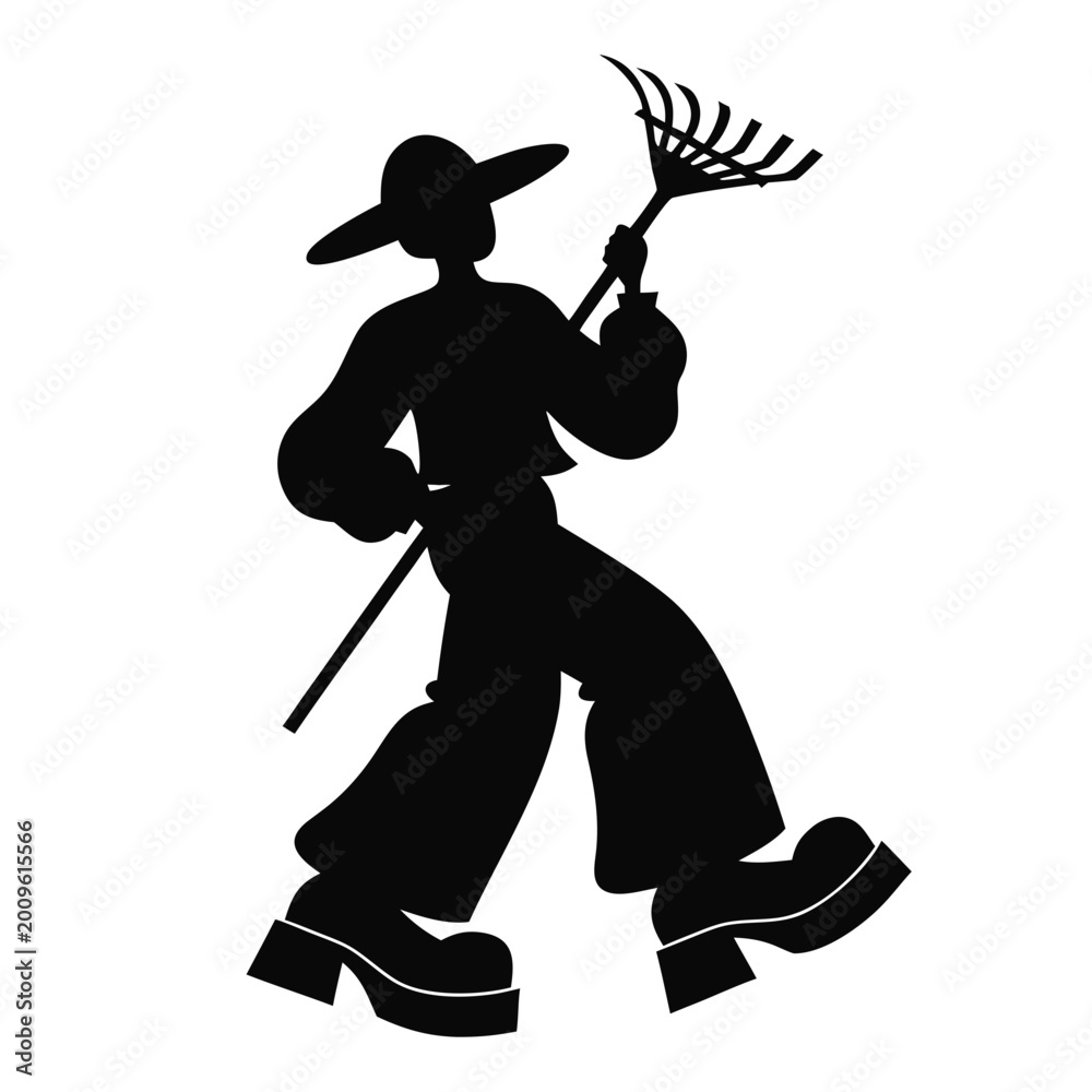 Fototapeta premium Black silhouette of a farmer walking with a garden rake, rustic gardener character icon, agricultural worker in hat and boots vector illustration