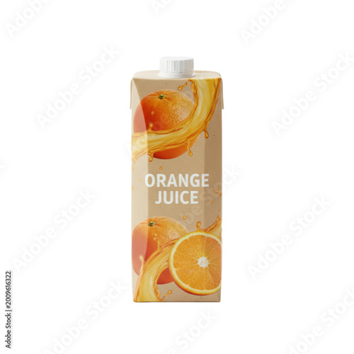 A premium 1L matte paperboard orange juice carton with white screw cap, featuring photorealistic oranges and dynamic juice splashes, on a transparent studio background with soft shadow. Concept for