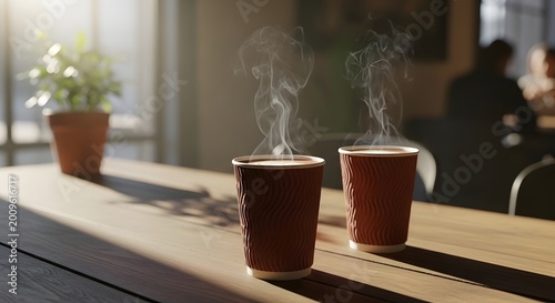 Two white disposable paper coffee cups neatly arranged on a wooden table in a brightly lit cafe.
