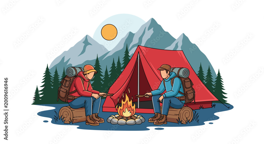 Naklejka premium Two campers sitting on logs by a bonfire in front of a red tent in a mountain forest landscape during sunset.