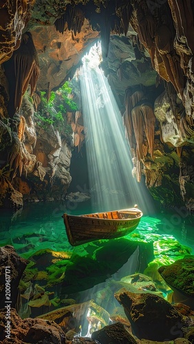 Sunbeams pierce cavern ceiling, illuminating a lone boat on emerald water