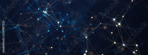 Abstract digital network background with glowing blue and orange connection lines and dots. Concept for 5G technology, big data, cloud computing, global communication, and cyber security systems.