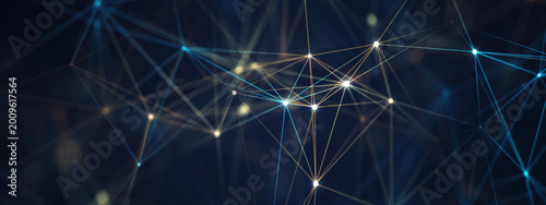 Foto Abstract digital network background with glowing blue and orange connection lines and dots