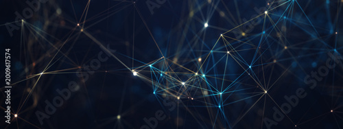 Abstract digital network background with glowing blue and orange connection lines and dots. Concept for 5G technology, big data, cloud computing, global communication, and cyber security systems.
