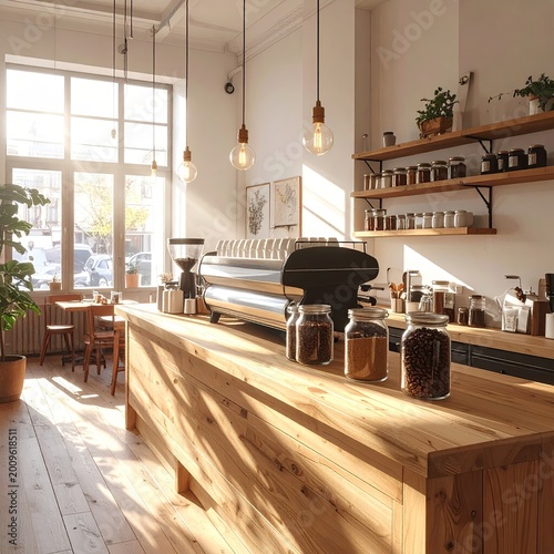 Sunlit coffee shop counter with espresso machine, jars of beans, and wooden tables