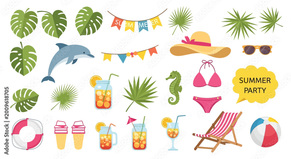 Obraz premium Summer Party Beach Vacation Elements Collection Vector Illustration.