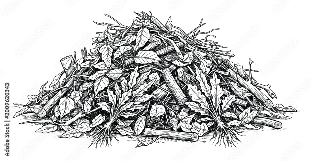 Fototapeta premium Monochrome hand drawn pile of organic waste, branches, leaves and roots.