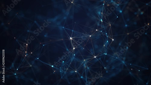 Abstract digital network background with glowing blue and orange connection lines and dots. Concept for 5G technology, big data, cloud computing, global communication, and cyber security systems.